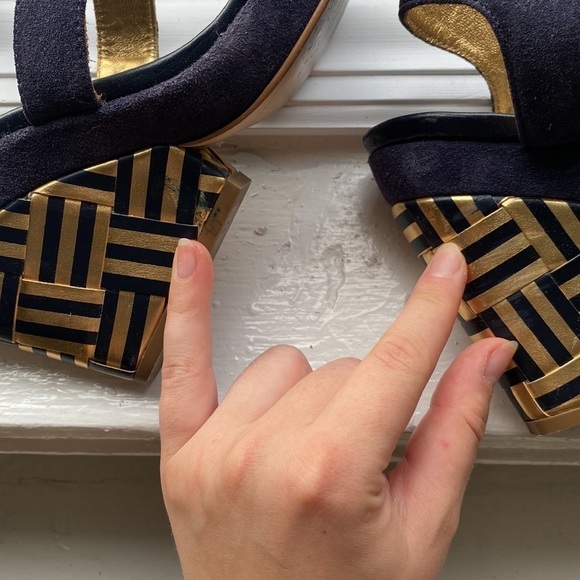 Kate Spade navy suede, gold and black leather wedges, size 6.5 - Picture 5 of 8